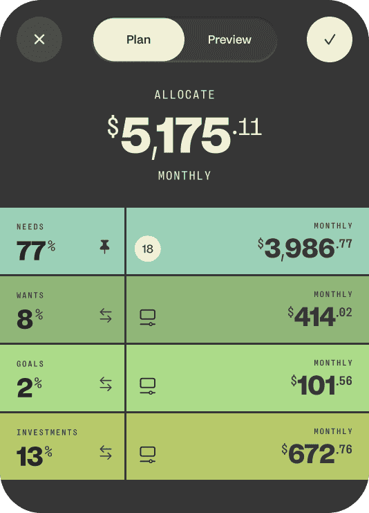 Allocation screen showing income split across needs, wants, goals, and investments