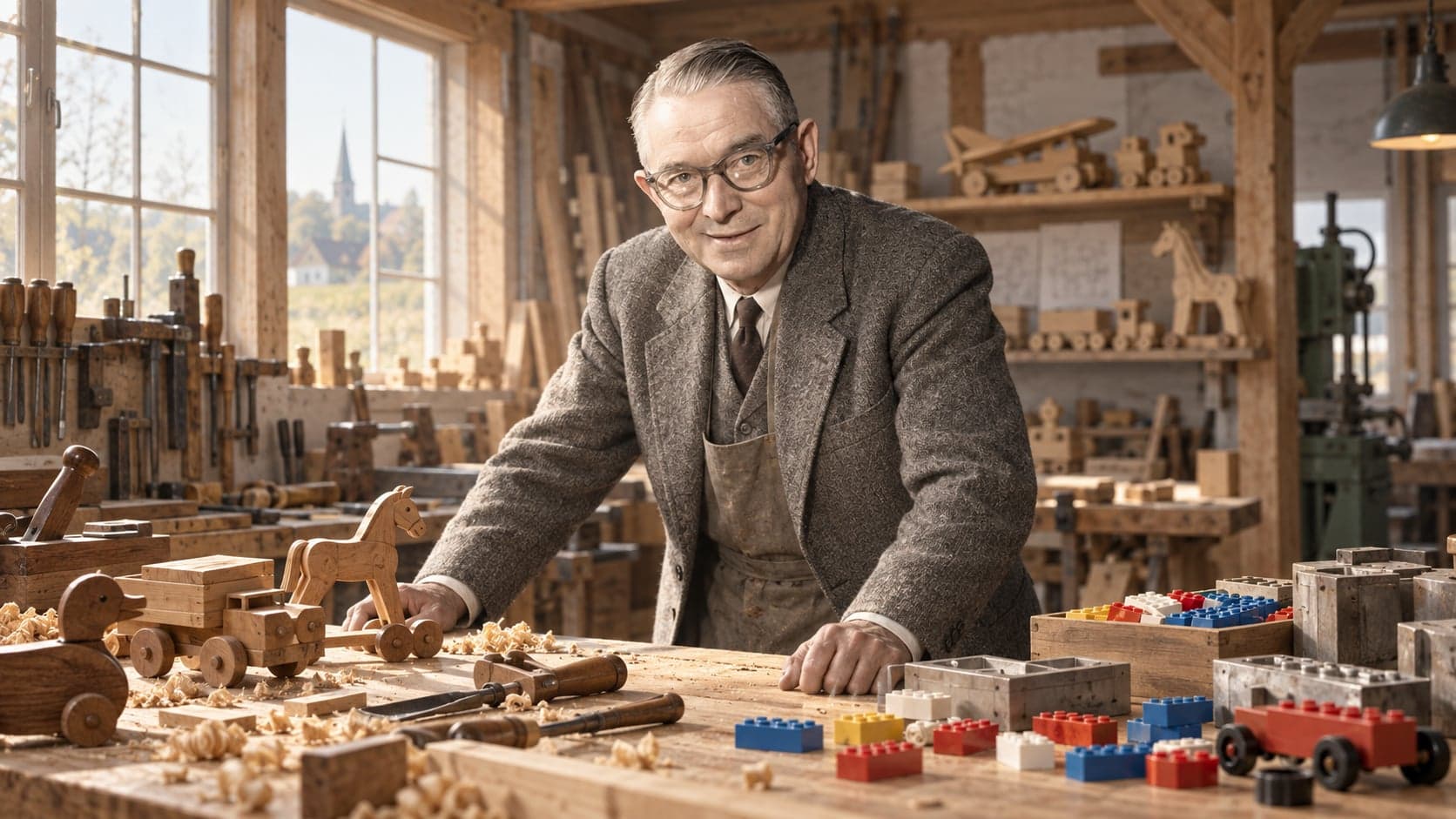 An older craftsman in glasses and a tweed jacket leans on a workbench covered in wood shavings, wooden toys and building bricks.