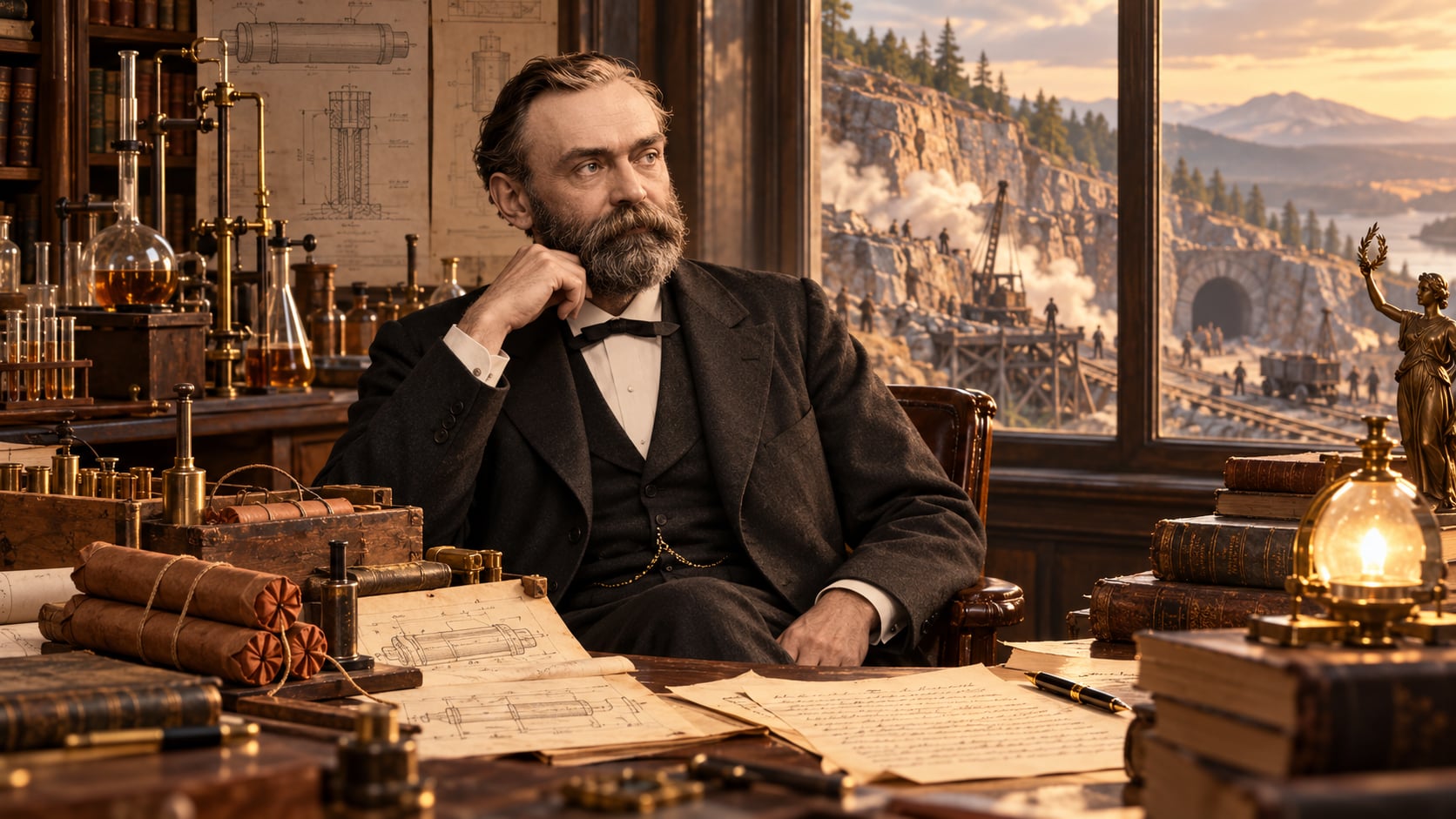 A man in a dark suit leans over a desk of papers in an office overlooking a city at dusk, chemistry set and dynamite beside him.