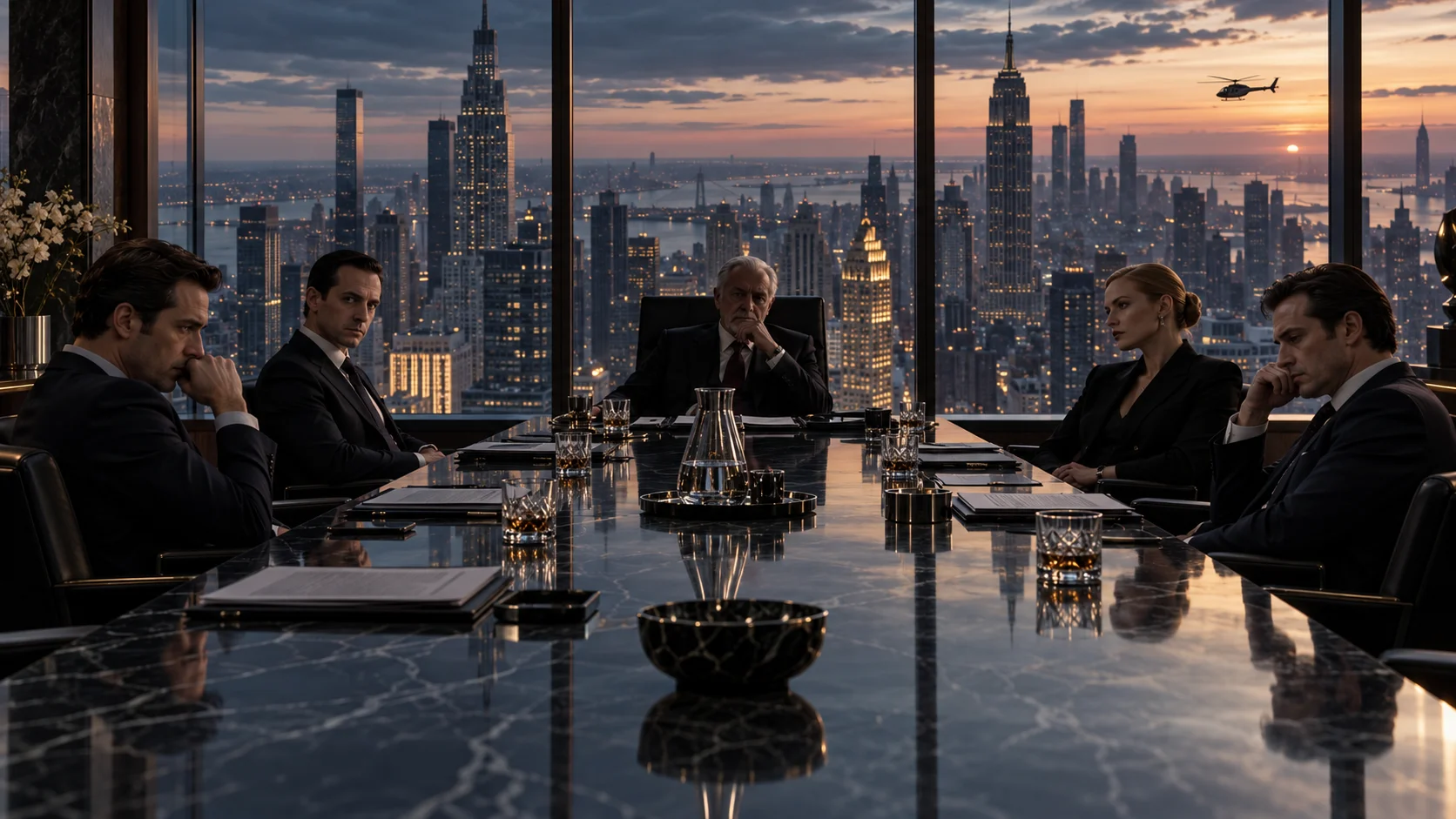 A man in a dark suit leans over a desk of papers in an office overlooking a city at dusk, a model sailboat beside him.