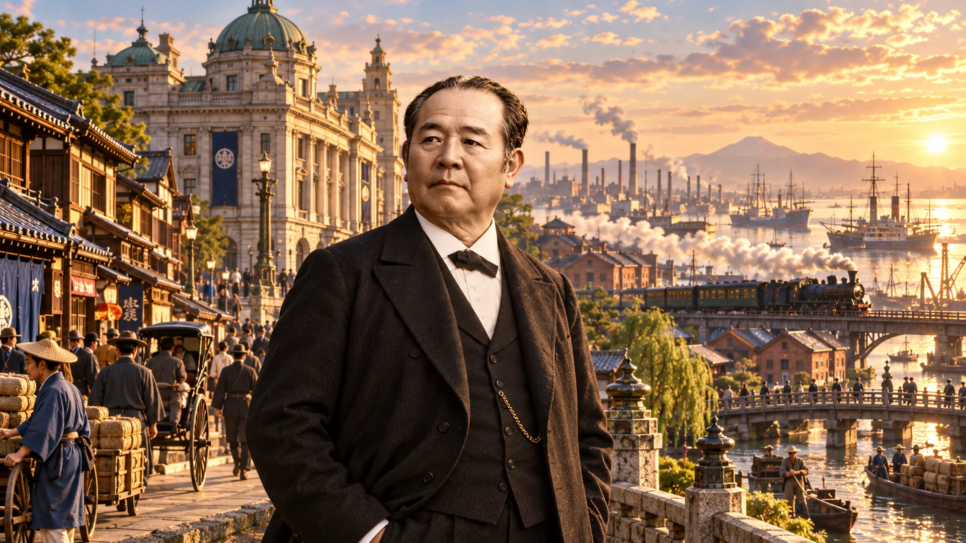 A Japanese man with hand in one pocket framed by an industrial seascape and urban center