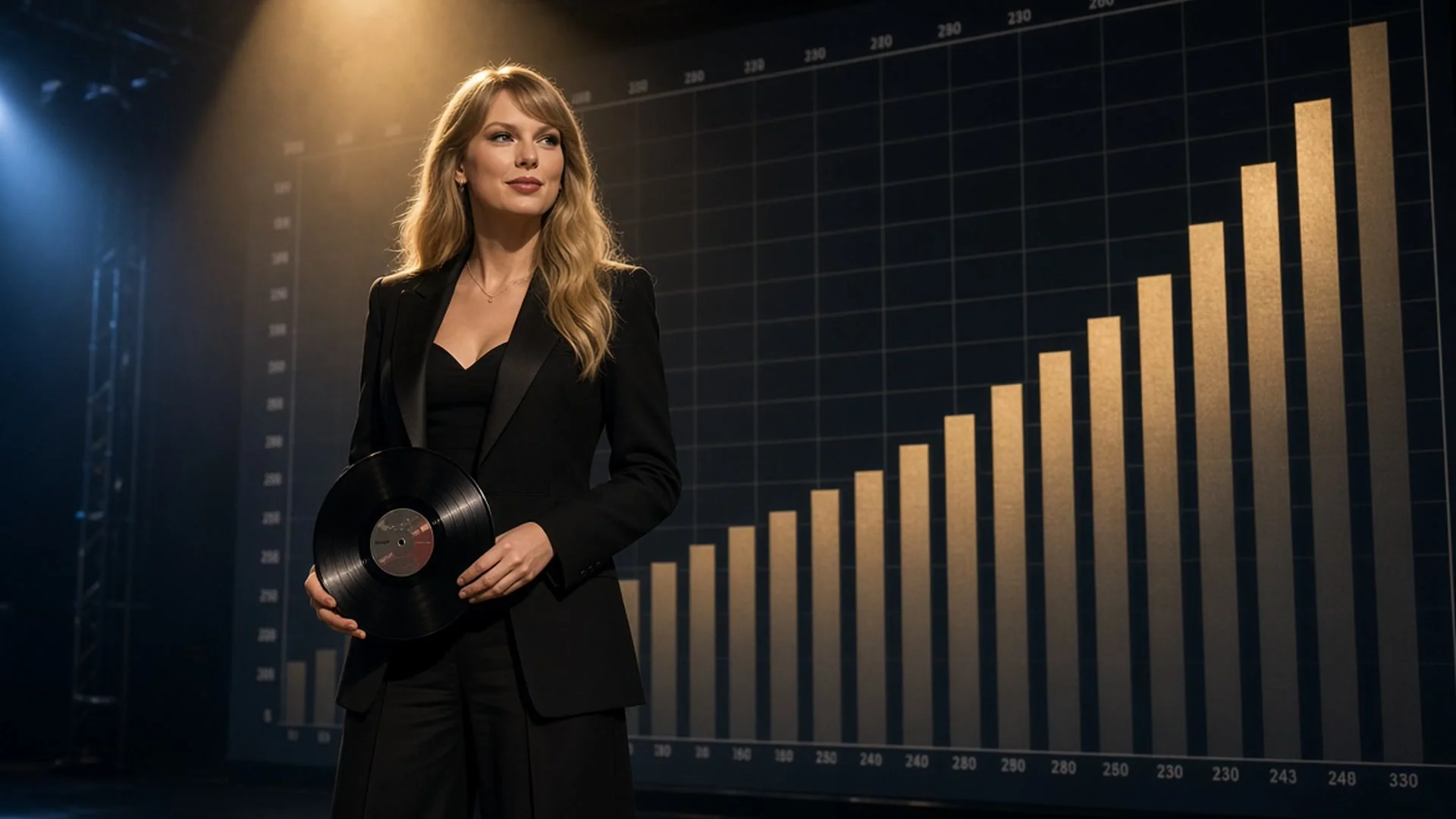 A singer in a dark suit holds her record framed by a chart of rising bars.