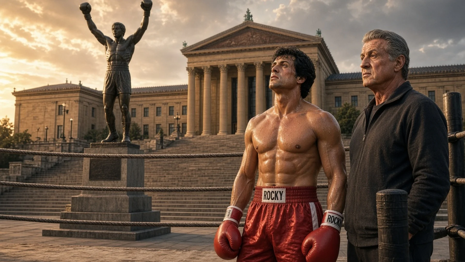 A boxer stands next to his older self at the Rocky statue.