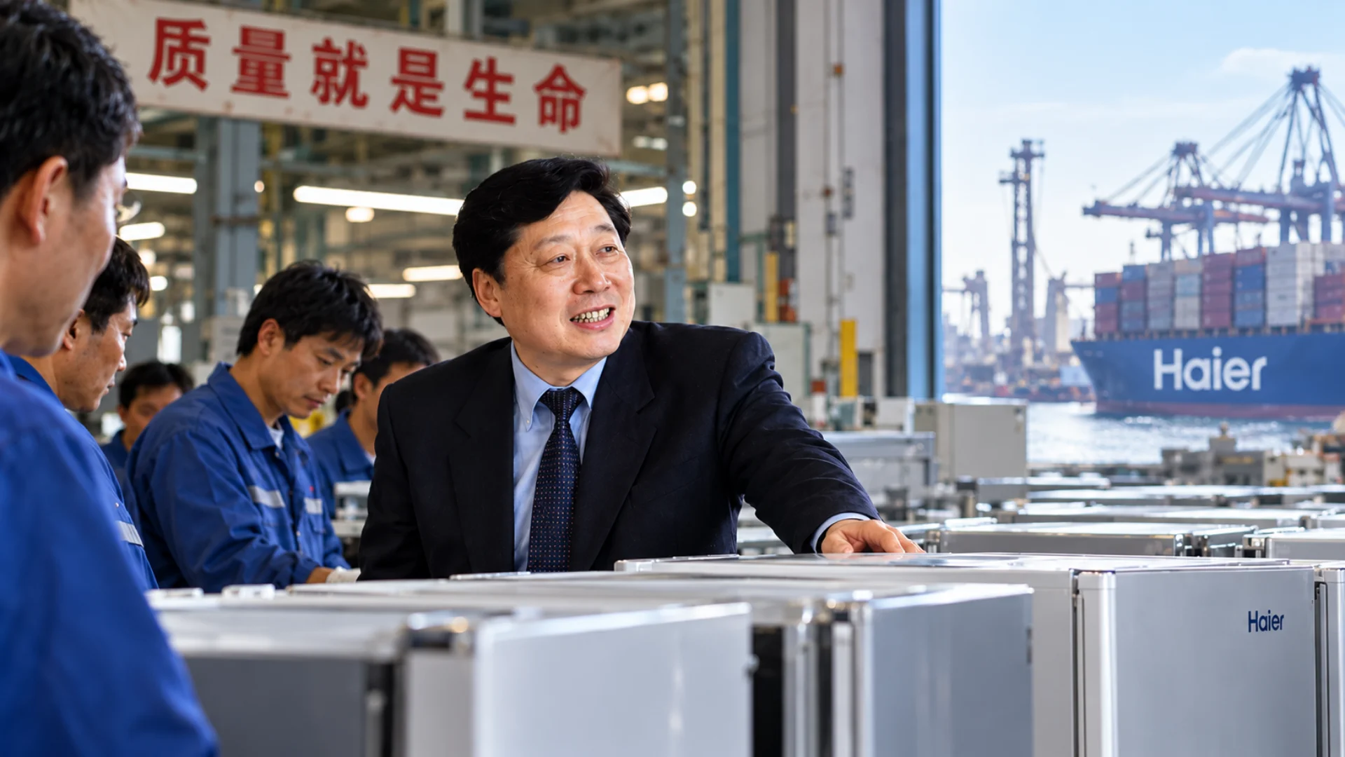 A Chinese man in a dark suit leans on products in a large shipping factory.