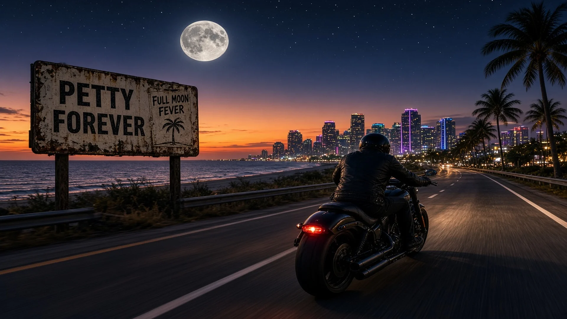 A man on a motorcycle drives on a loan highway toward a neon-soaked cityscape.