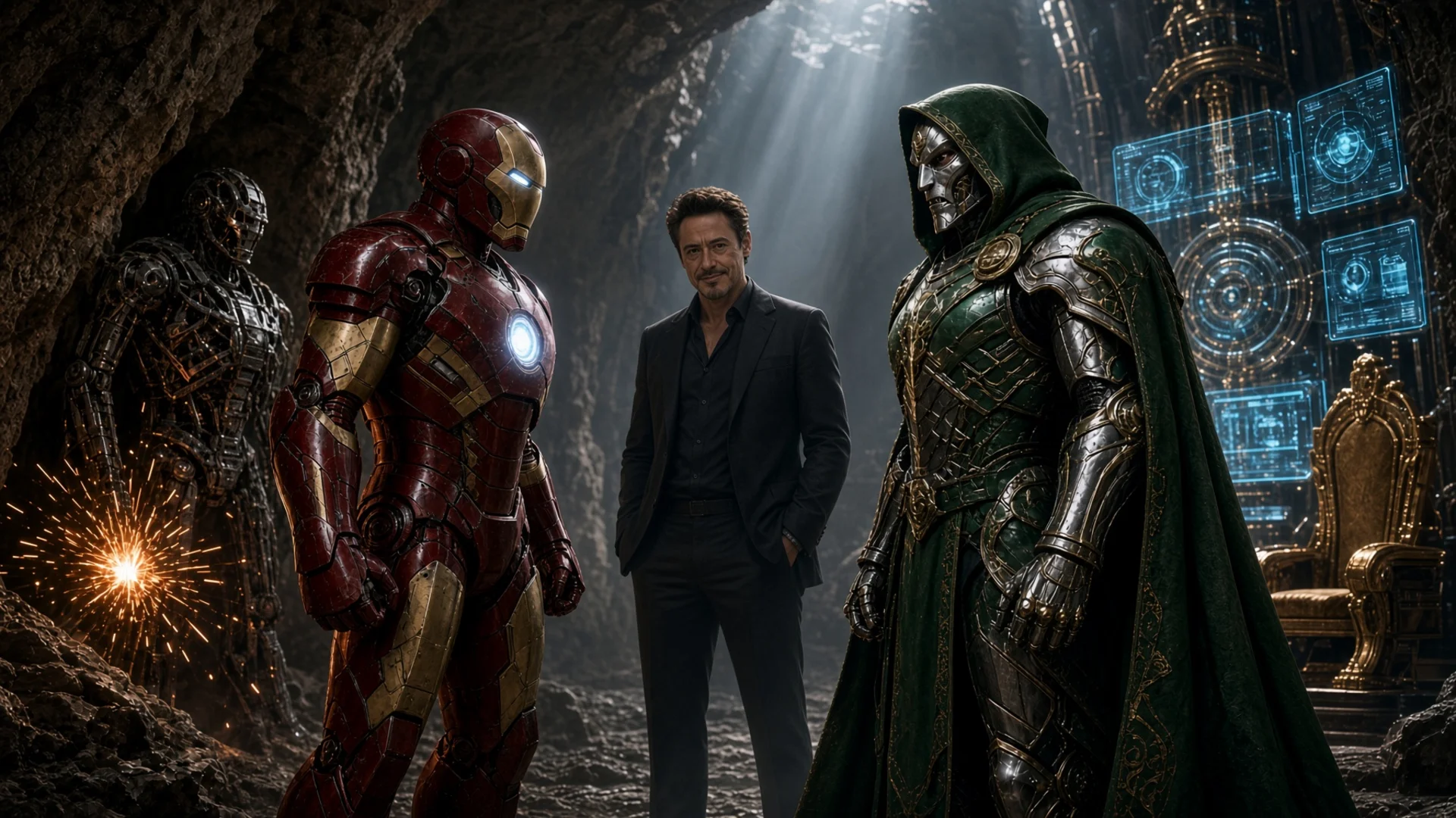 A man in a dark suit stands between Iron Man and Doctor Doom.