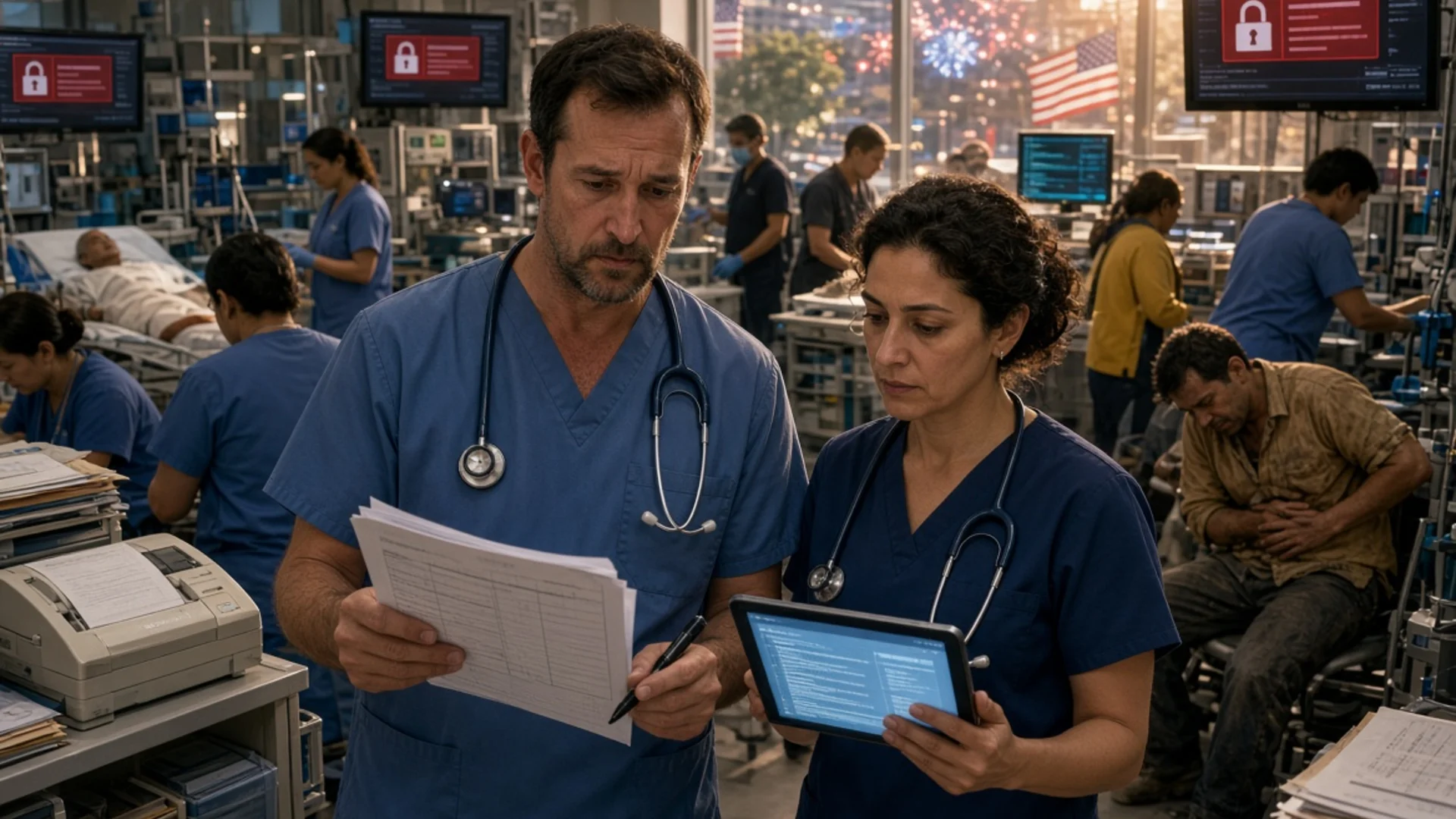 A male and female doctor discuss results in an ER.
