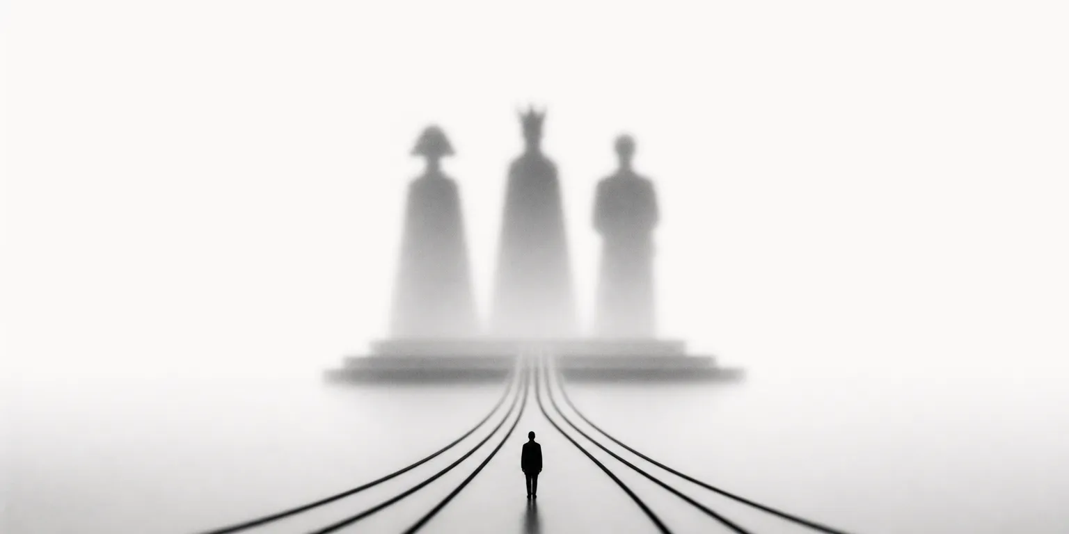 Tiny lone figure walks converging lines toward three looming ghostly silhouettes resembling chess pieces or robed royalty in a stark white fog.