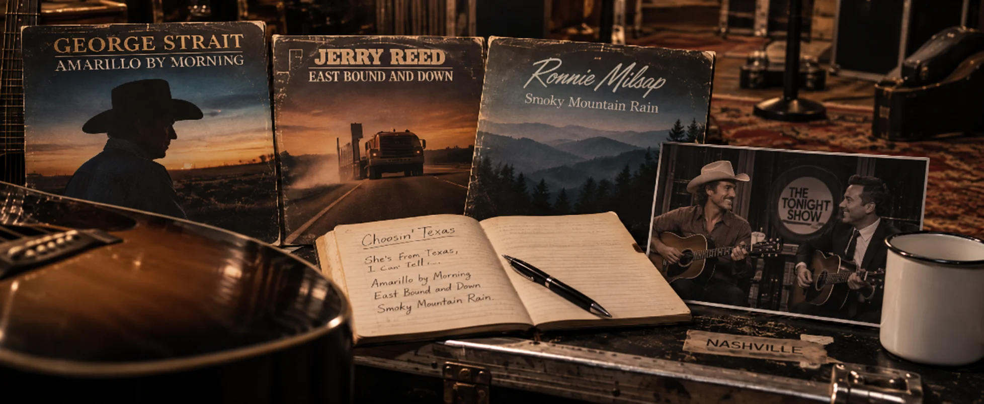 Three classic country vinyl records, an open songwriting notebook reading "Choosin' Texas," a Tonight Show photo, and a guitar arranged on a worn Nashville road