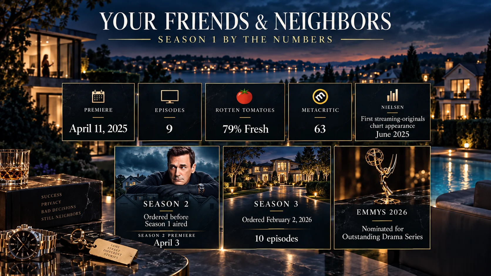 Stylish infographic for "Your Friends & Neighbors" set against a twilight luxury estate, displaying Season 1 stats, renewals, and an Emmy nomination.
