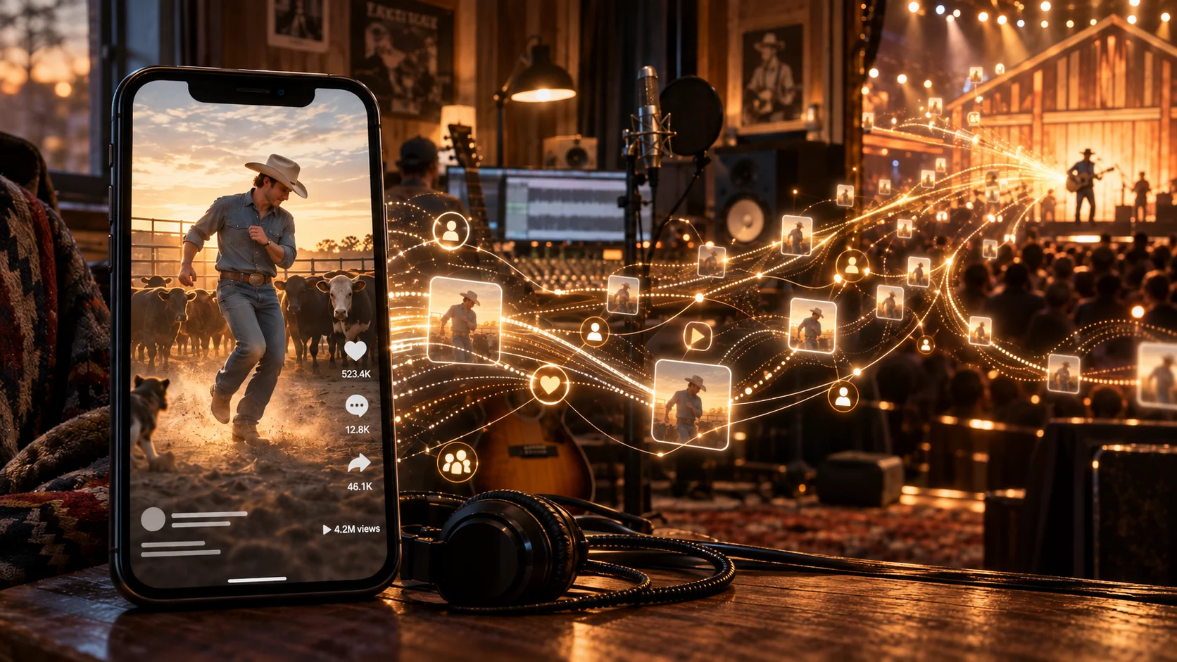 Smartphone displaying a viral cowboy video with glowing social media engagement trails flowing toward a warmly lit country music studio and live stage.