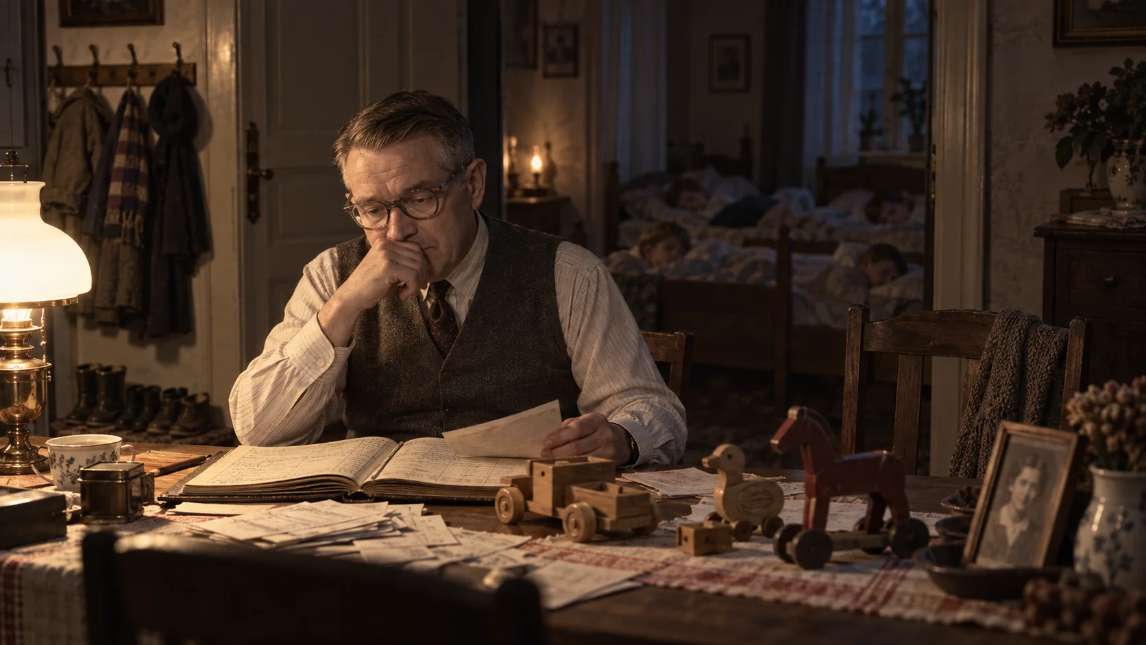 Bespectacled middle-aged man reads a letter by lamplight at a cluttered table with wooden toys, while children sleep in the dimly lit room behind him.