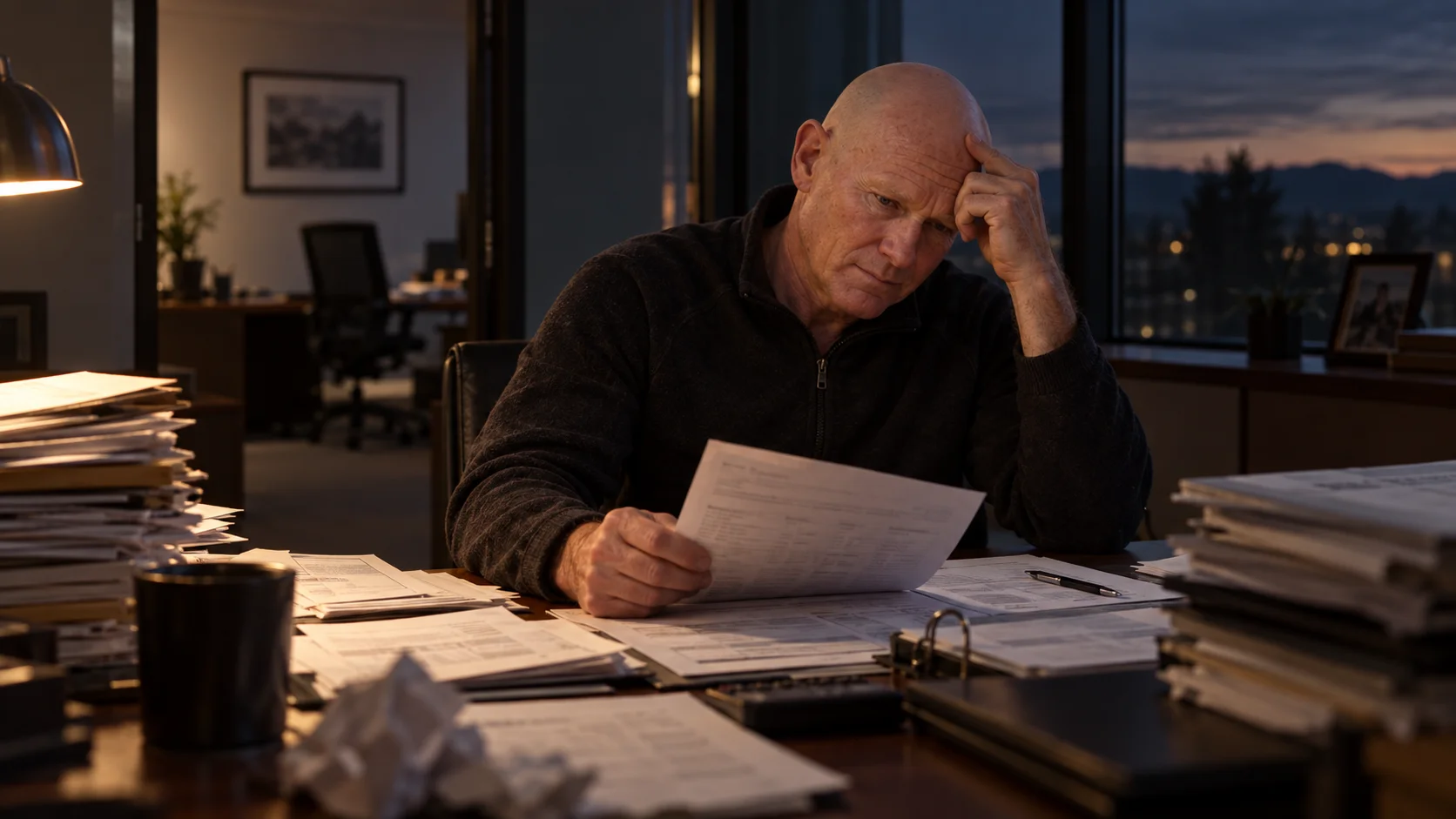 Stressed older man reads a document at a cluttered desk piled with papers in a dim office at dusk, head resting in one hand.