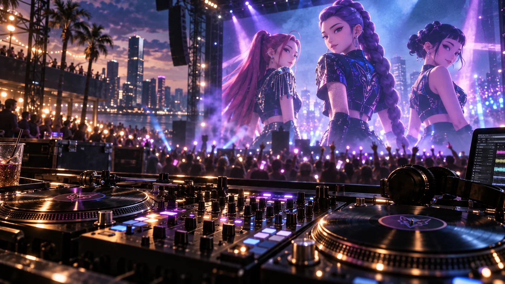 DJ turntables and mixer glow in purple light before a massive crowd and a screen showing three anime-style performers at an electric outdoor night concert.
