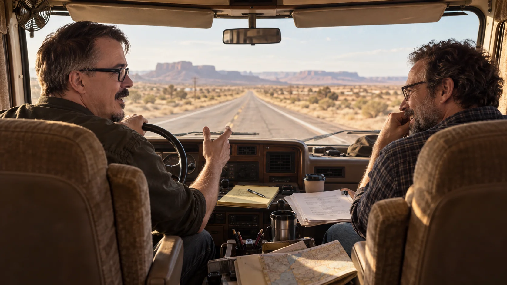 Two men in glasses talk animatedly inside a moving RV cruising a straight desert highway toward distant red rock mesas under a hazy sky.