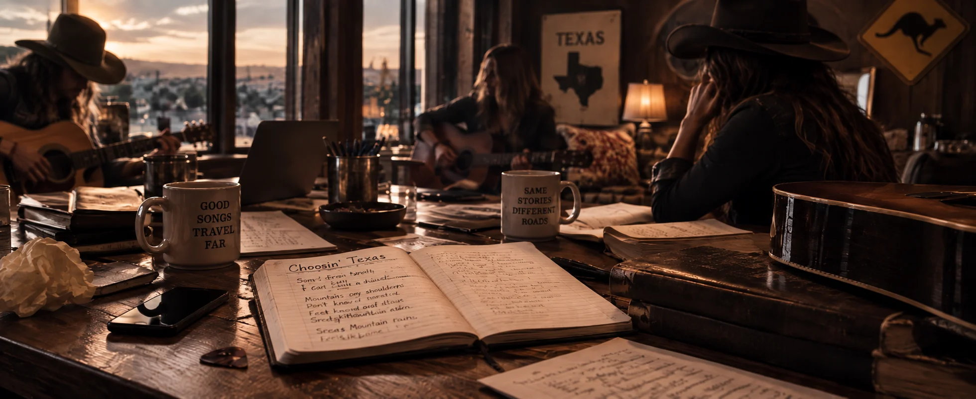 Warm-lit songwriting session with open lyric notebook, two mugs, and cowboy-hatted guitarists gathered around a cluttered wooden table at sunset.