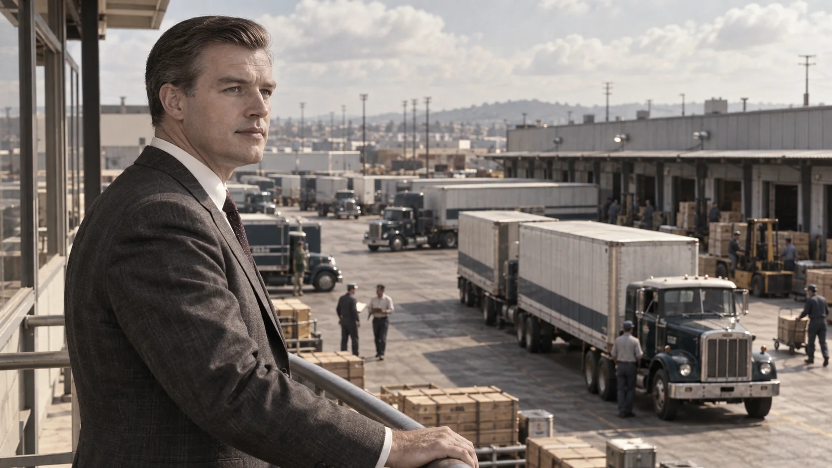 Suited man gazes confidently from a balcony overlooking a busy mid-century freight yard with semi-trucks, workers, and loading docks below.