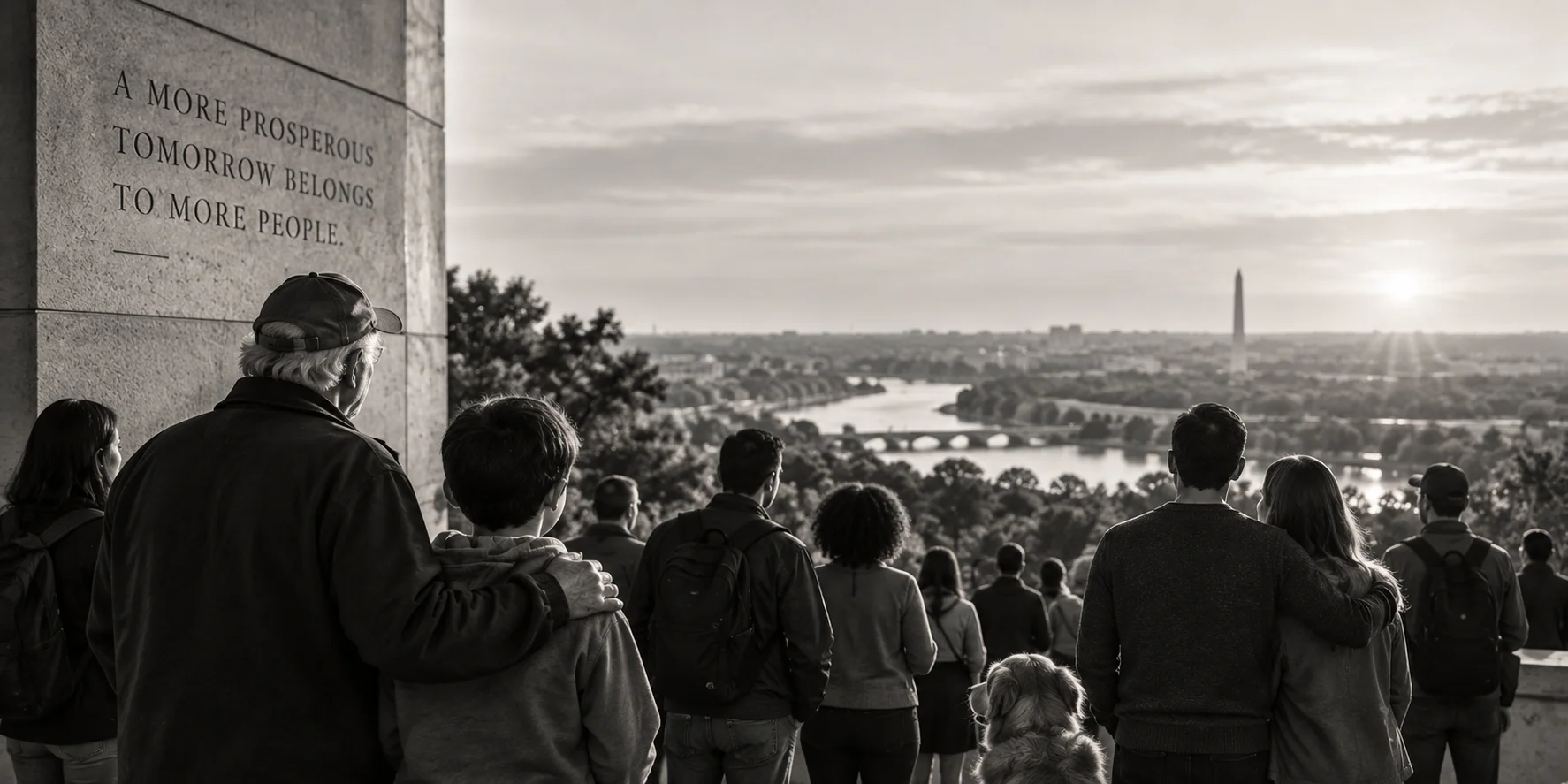 Diverse crowd and a dog face the Washington skyline at sunset beside a monument reading "A more prosperous tomorrow belongs to more people.