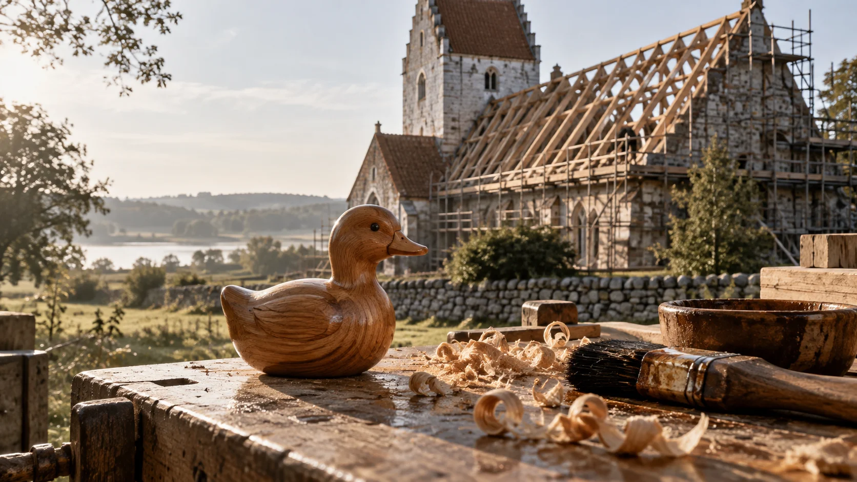 Carved wooden duck figurine on a workbench with shavings and a brush, backdropped by a scaffolded stone church under restoration in warm golden light.