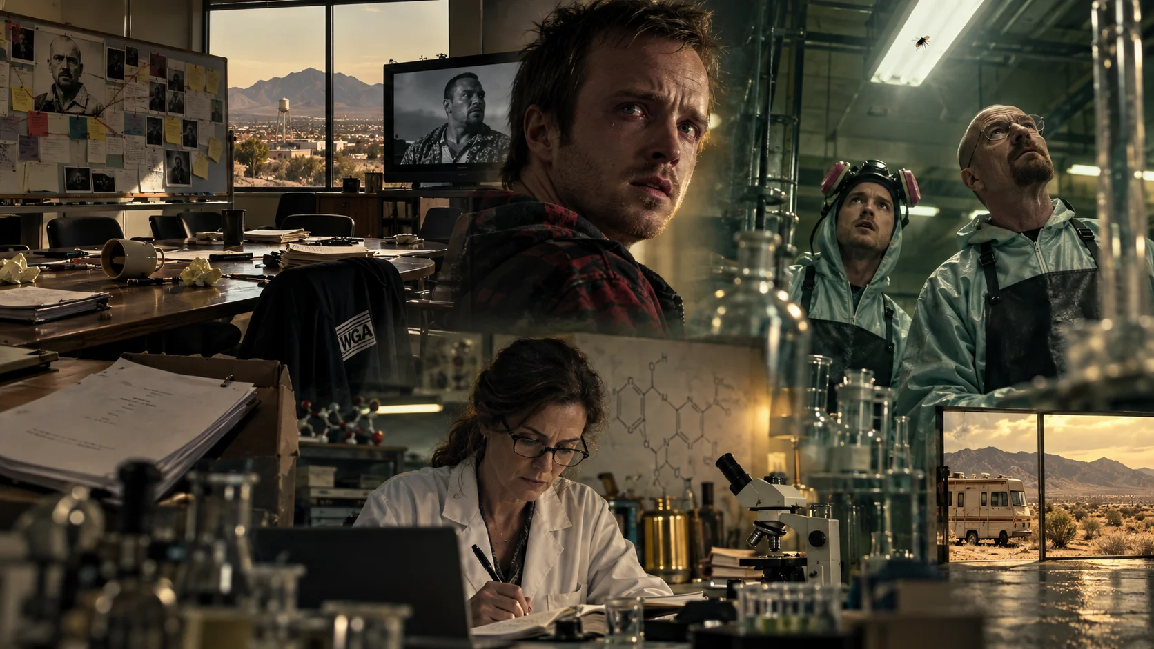 Dramatic collage of Breaking Bad scenes: a tense young man, two hazmat-suited figures in a lab, a woman in a white coat writing notes, a desert RV, and a clutte
