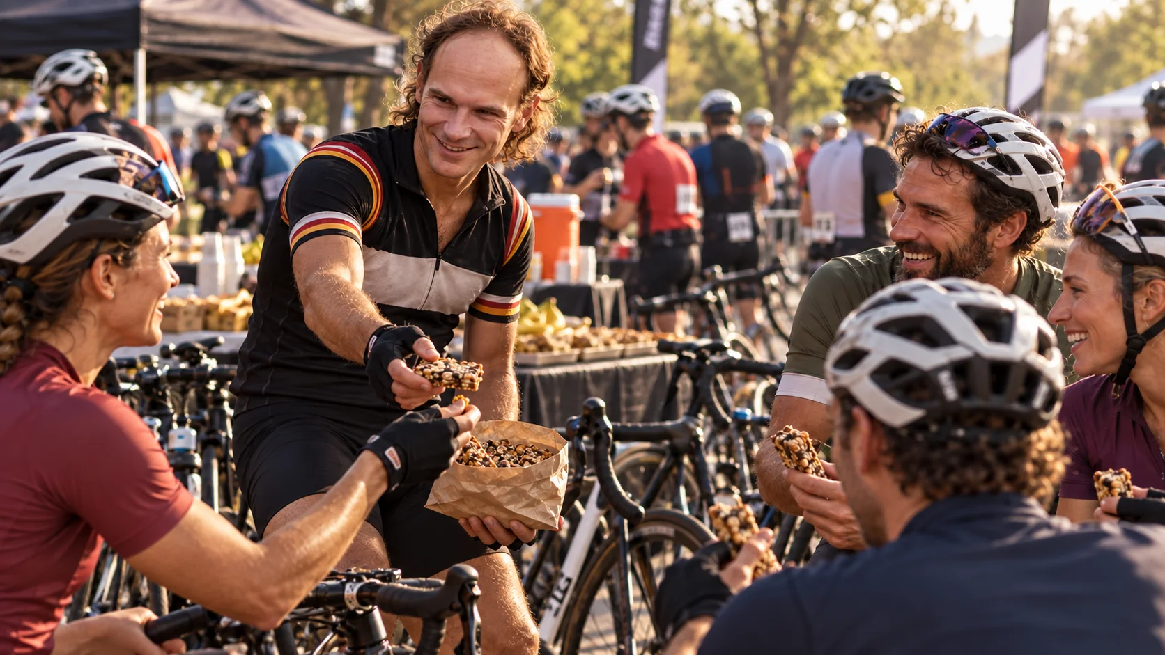 Smiling cyclists in helmets share snacks from a paper bag at a sunny outdoor cycling event, with bikes and a crowded festival backdrop behind them.
