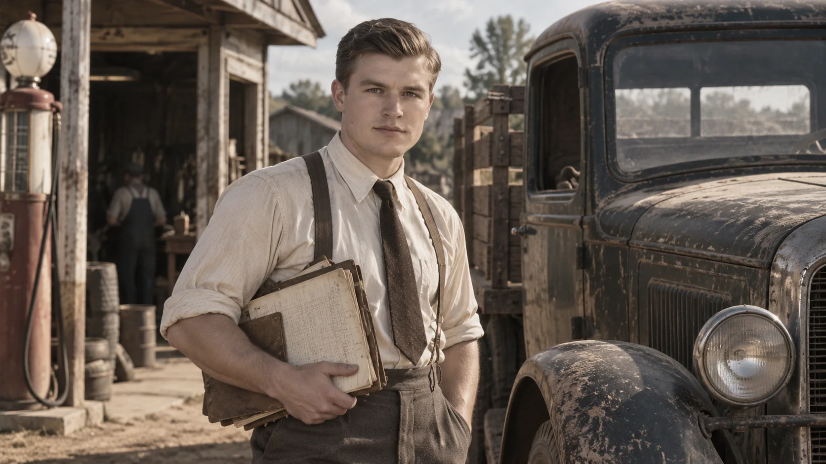 Young man in suspenders and tie holds worn ledgers beside a rusted vintage truck at a 1930s rural gas station, evoking quiet determination.
