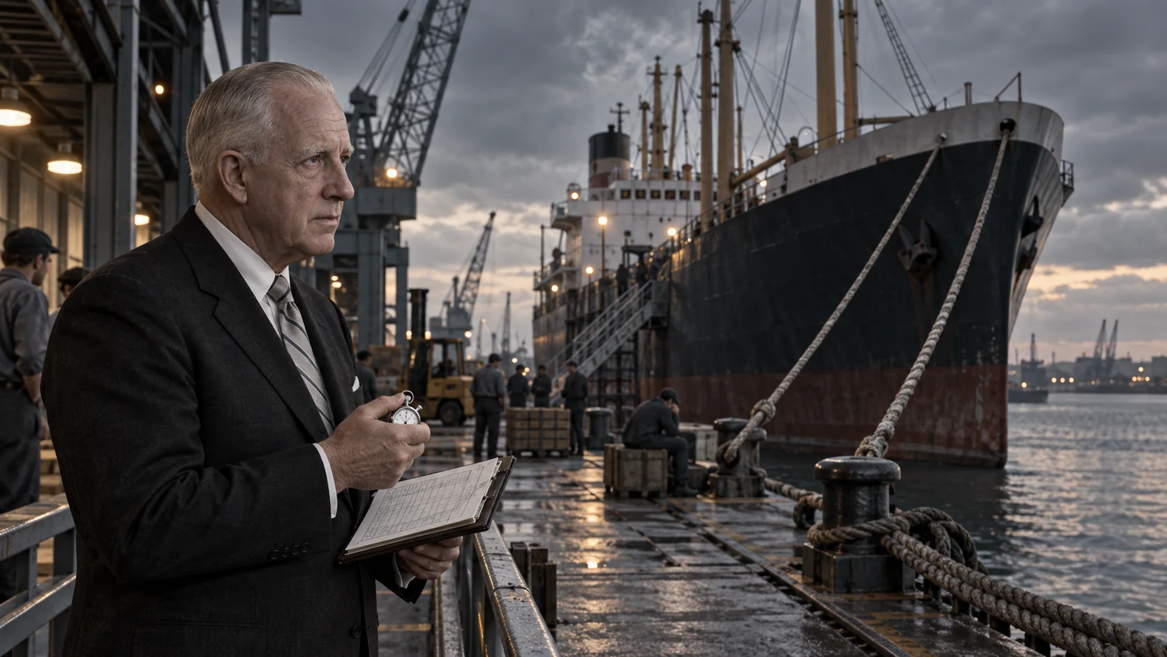 Stern-faced older man in a suit holding a stopwatch and clipboard on a rain-slicked dock at dusk, a massive cargo ship moored behind him.