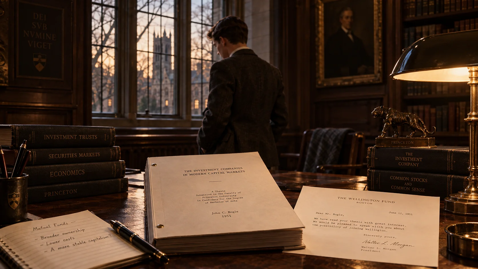 Young man gazes out a gothic campus window at dusk, desk foreground holding John Bogle's 1951 Princeton thesis and a Wellington Fund recruitment letter, warm la