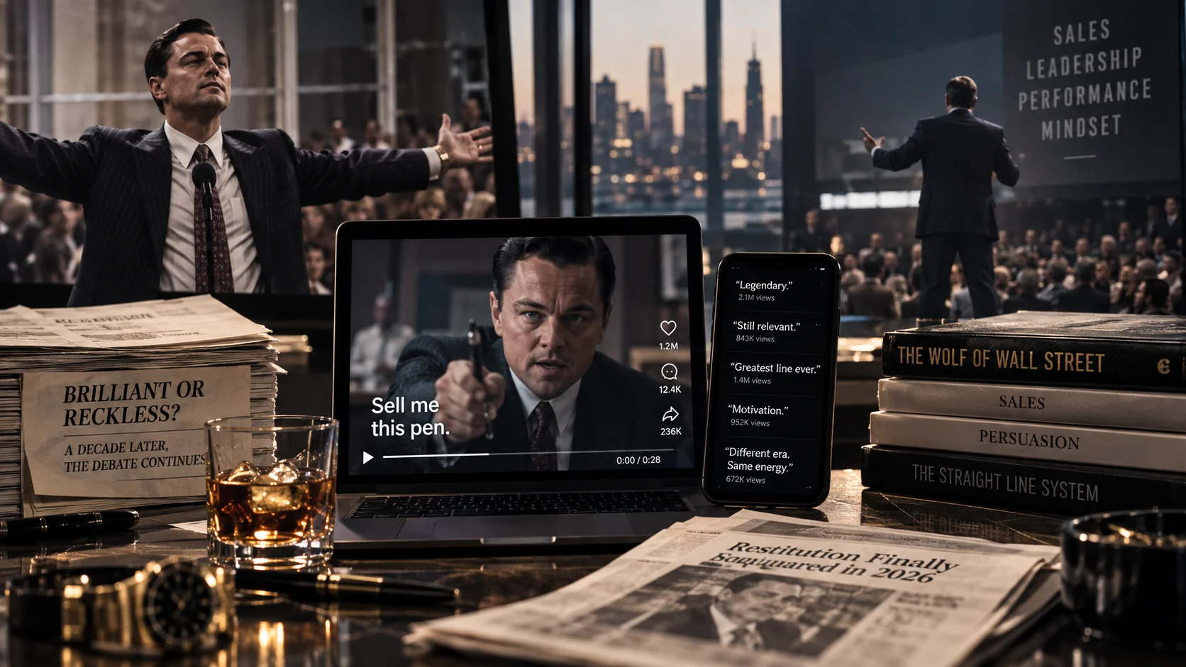Cinematic collage showing a laptop playing "Sell me this pen," beside sales books, whiskey, newspapers, and a phone with viral comments.