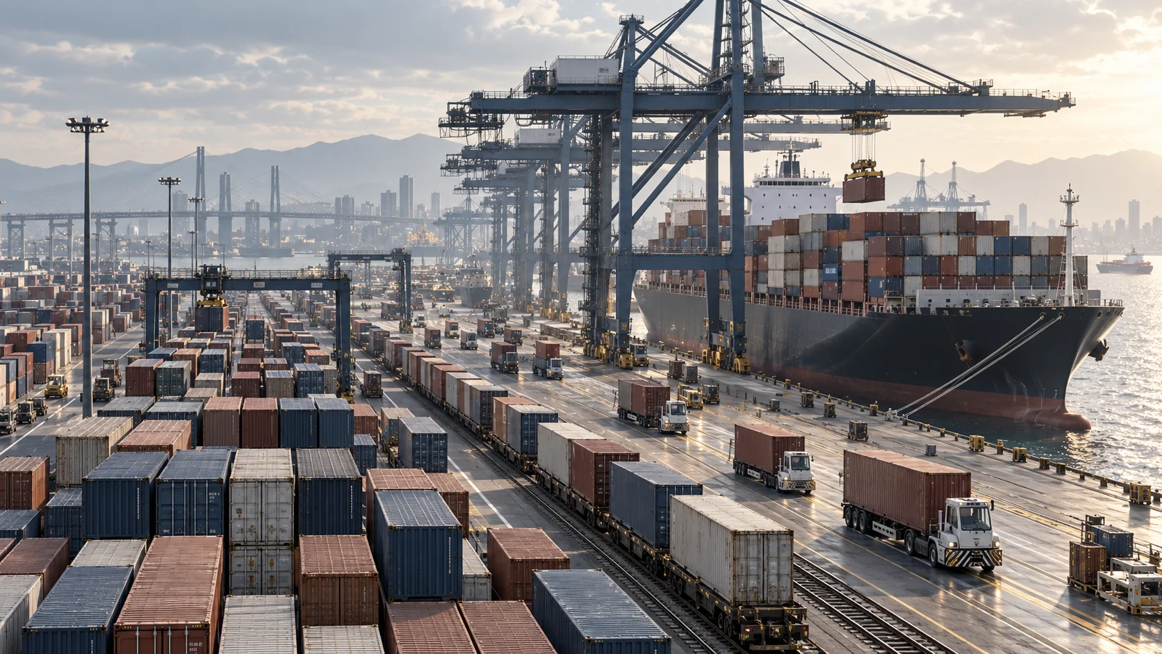 Busy container port at dusk with towering cranes loading a cargo ship, rows of colorful shipping containers, and trucks moving across a wet terminal.