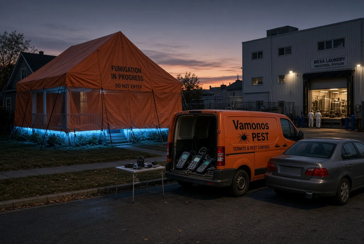 Orange Vamonos Pest van with open doors sits at dusk beside a tented house reading "Fumigation In Progress" and a lit industrial laundry building.