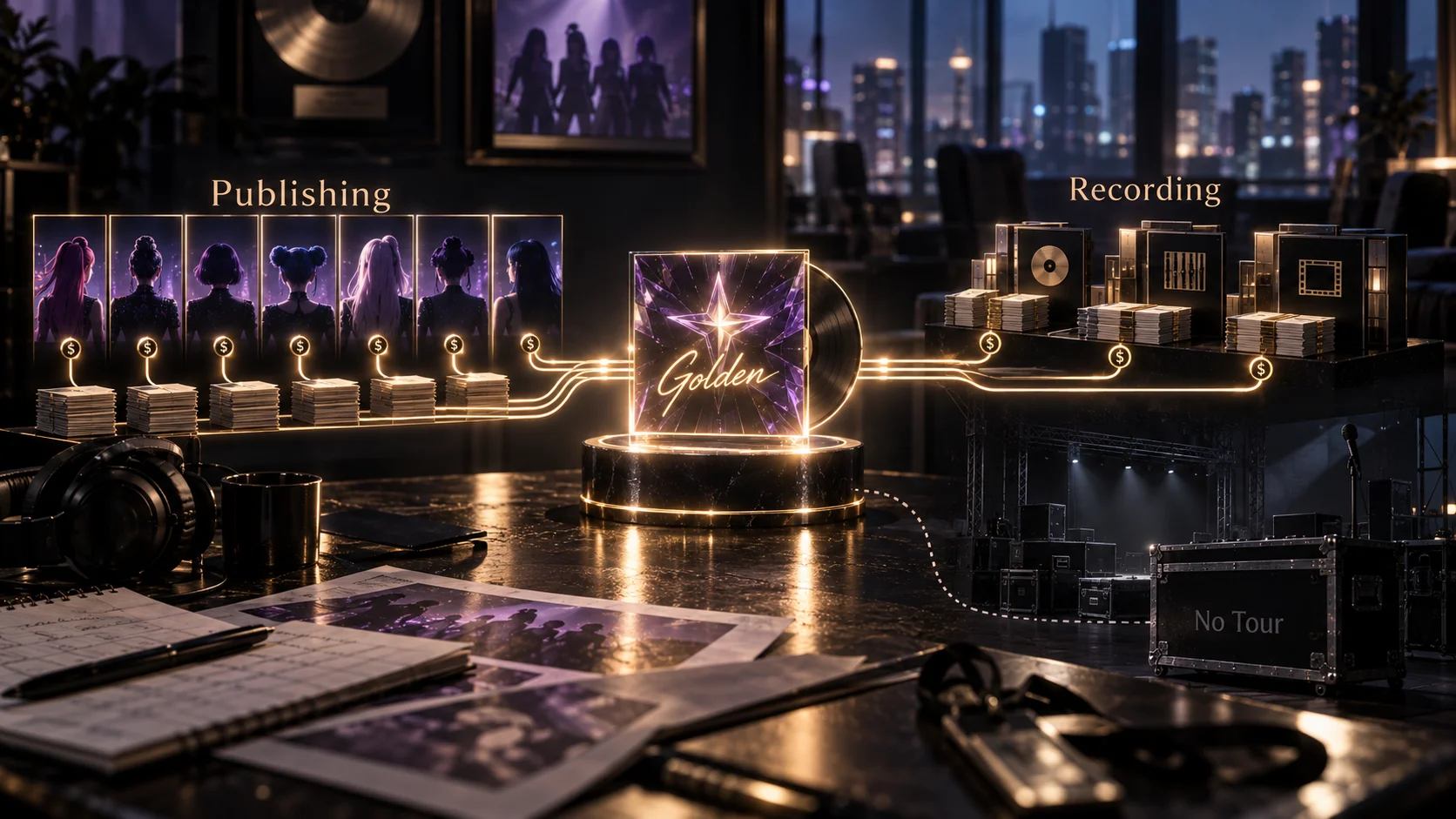 Glowing diagram on a dark desk maps music revenue streams — Publishing, Recording, and No Tour — flowing from a purple "Golden" album at center.