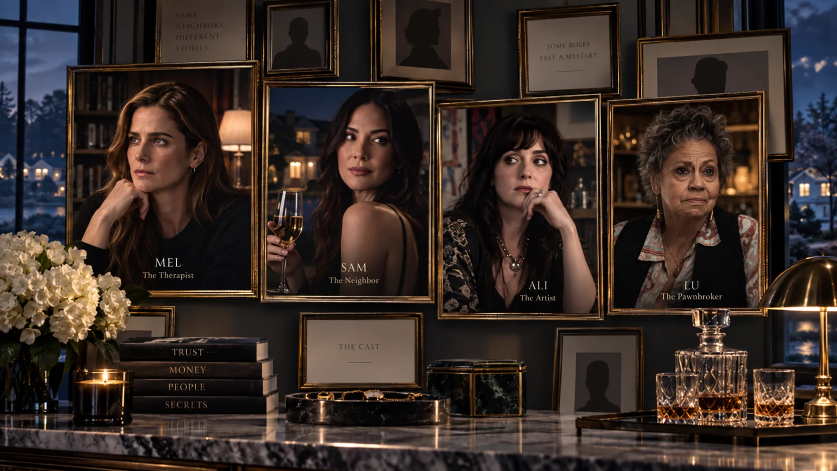 Four framed character portraits labeled Mel, Sam, Ali, and Lu displayed on a moody desk with candles, jewelry, and stacked books reading Trust, Money, People, S