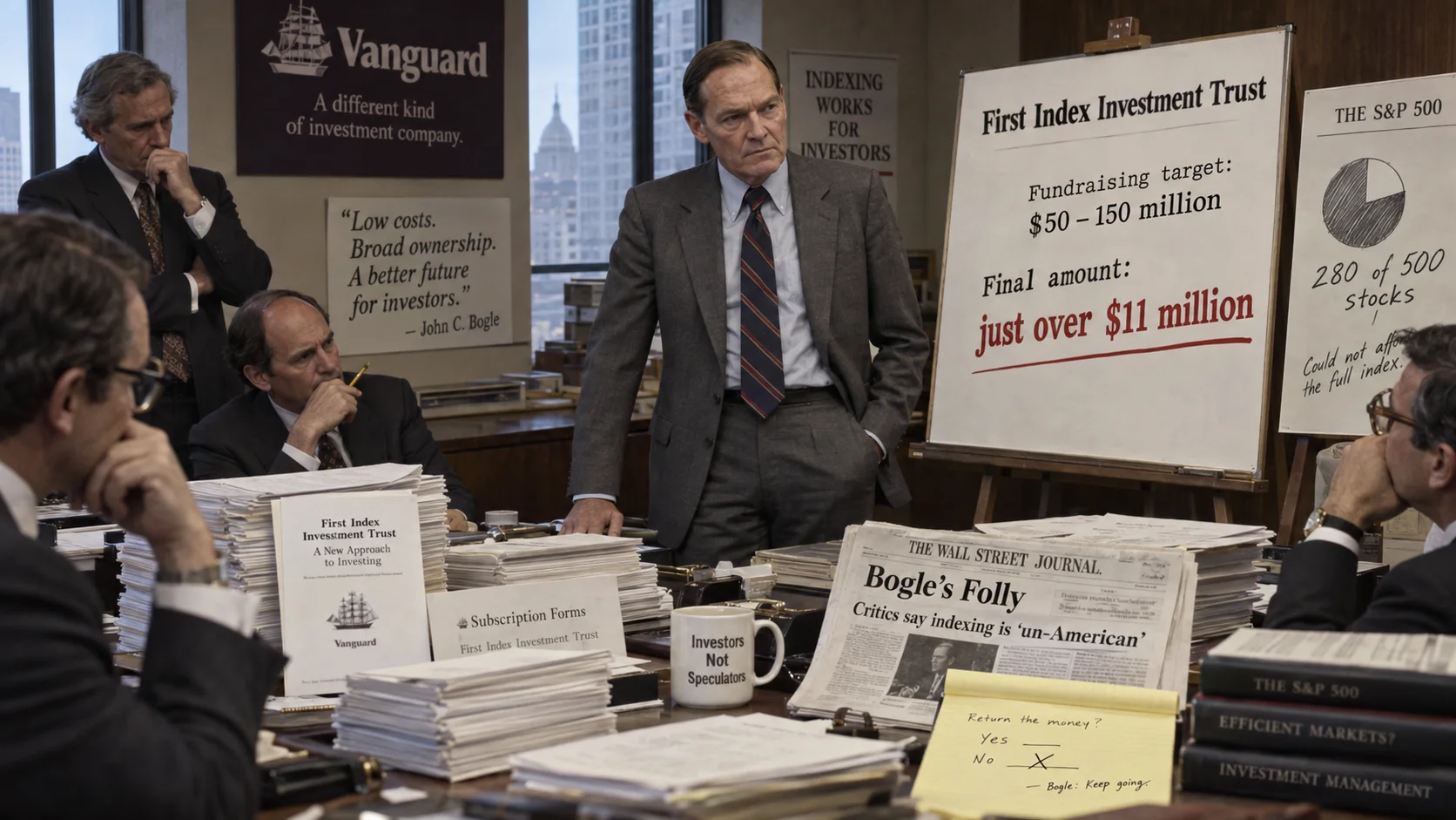 Suited men gather in a tense Vanguard boardroom surrounded by papers and a whiteboard reading "Final amount: just over $11 million" in red.