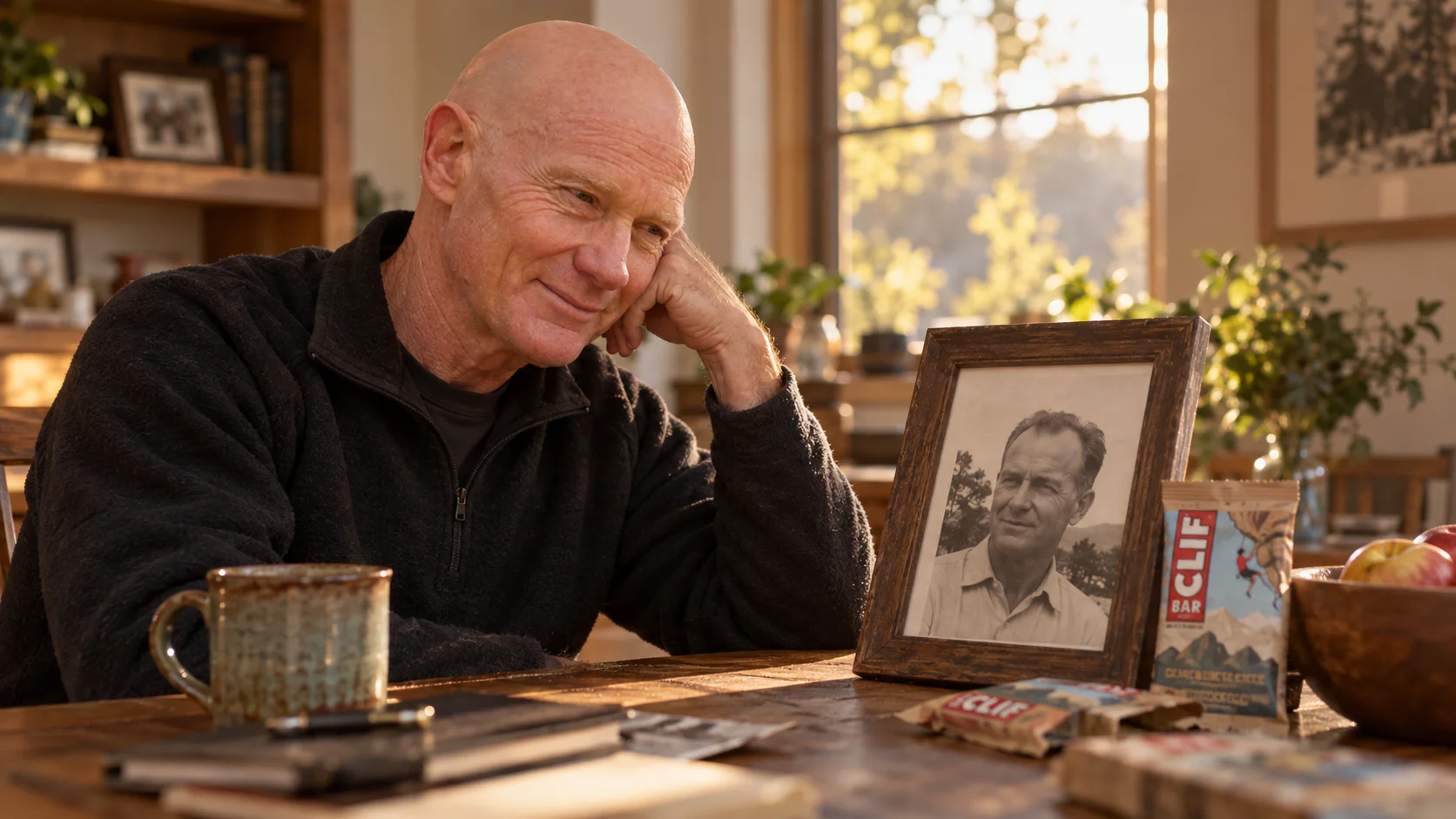 Bald older man smiles warmly at a wooden table beside a framed black-and-white portrait, Clif Bars, a ceramic mug, and warm sunlit shelves behind him.