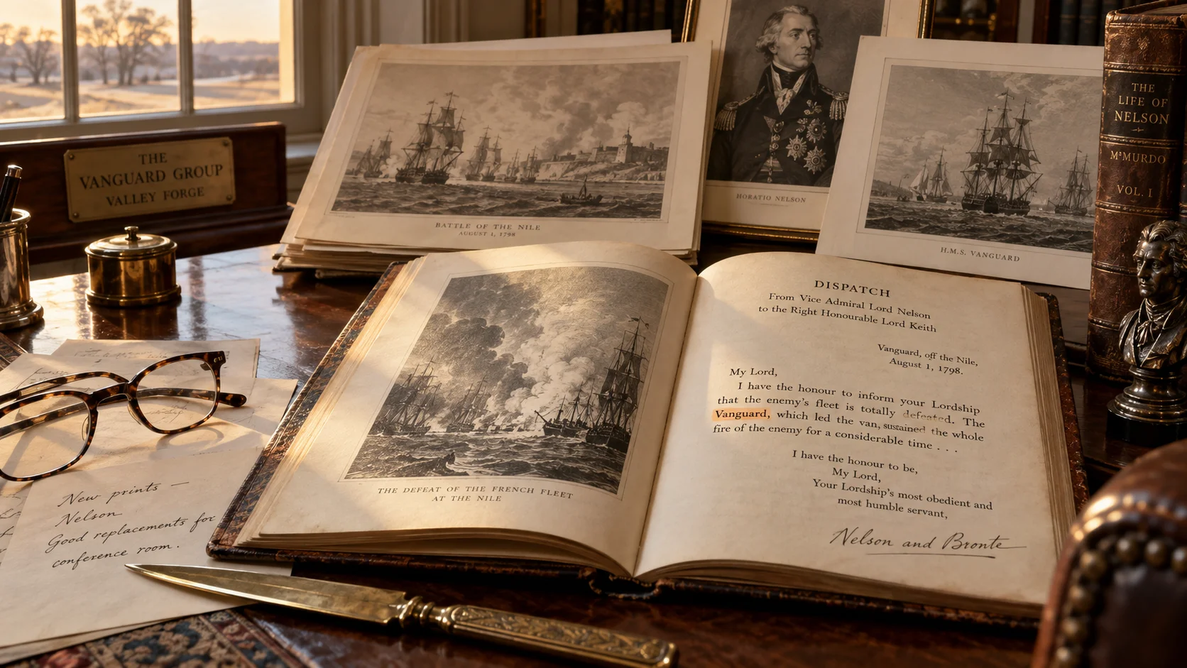 Warmly lit mahogany desk holding an open Nelson dispatch book, naval battle prints, a Vanguard Group nameplate, glasses, and a letter opener beside a winter win