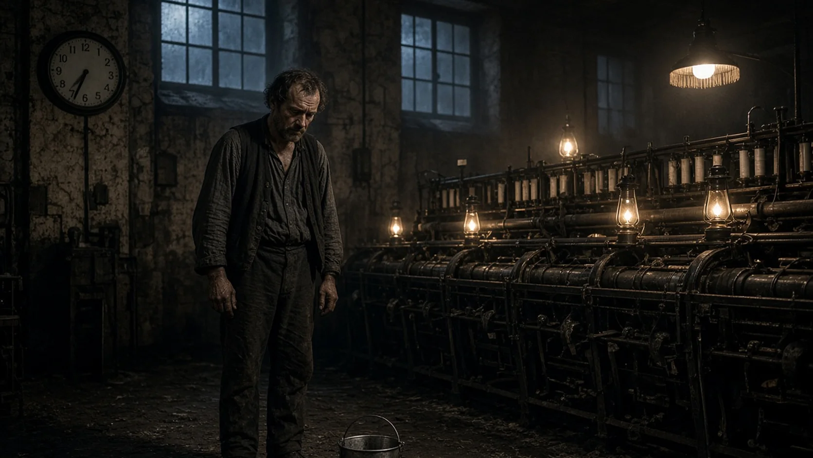Weary, soot-covered man standing head-bowed beside dark industrial machinery lit by oil lanterns in a grim 19th-century factory with a wall clock looming behind