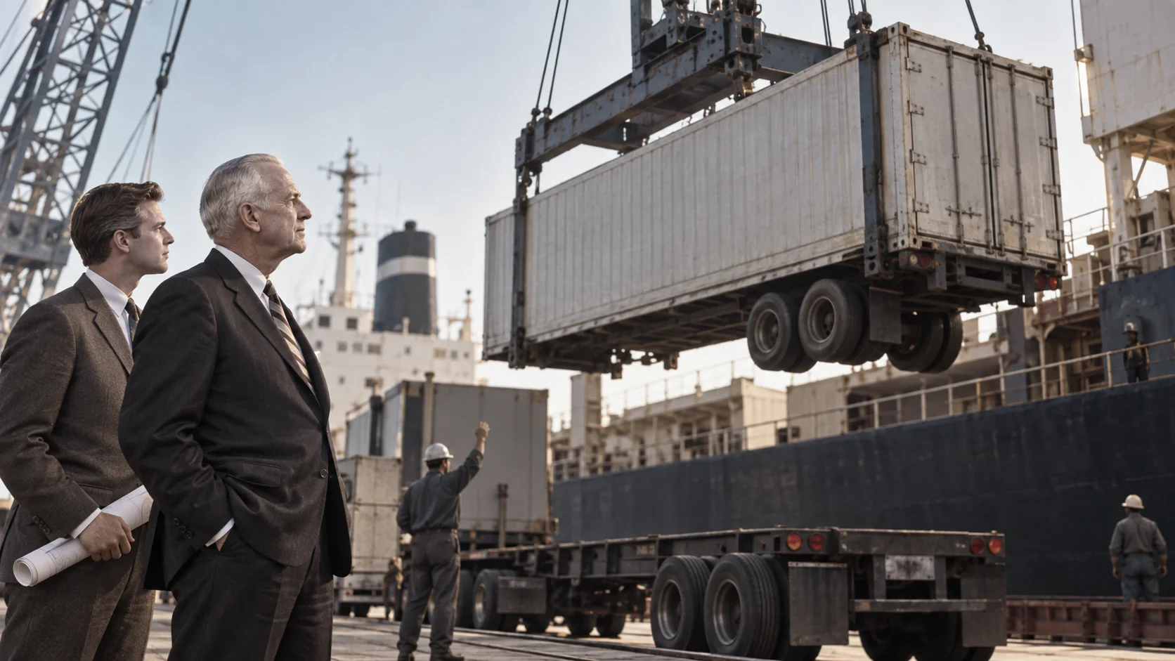Two suited men watch a crane lift a shipping container onto a cargo vessel at a busy port, as dock workers direct the operation below.