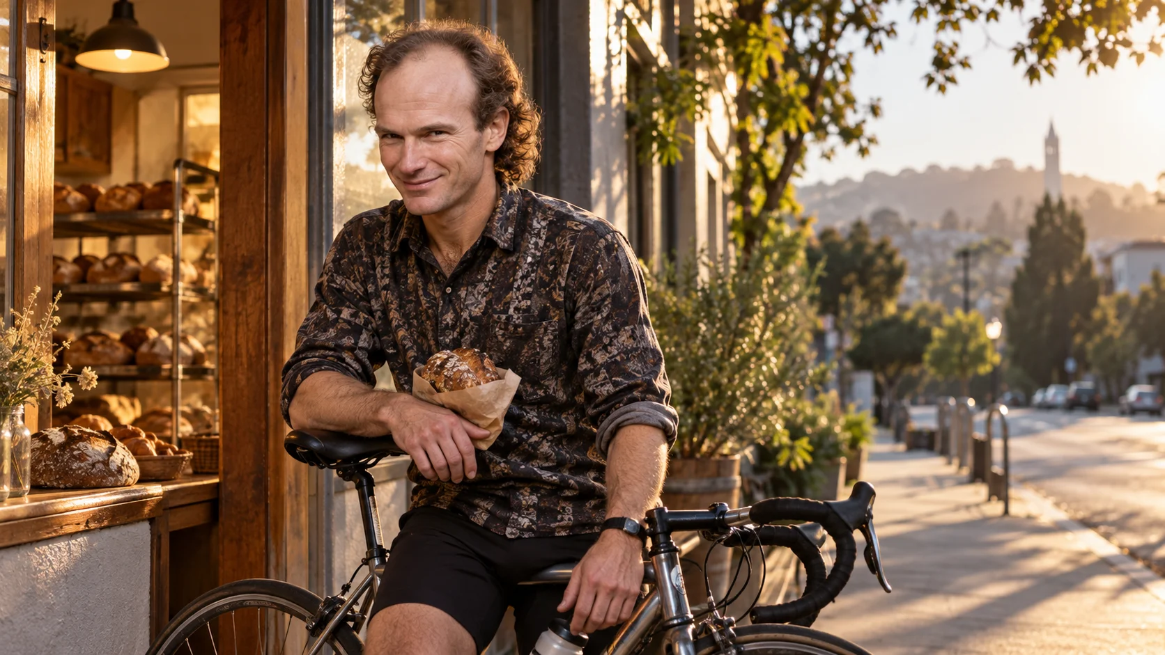 Smiling man leans on a road bike outside a sunlit bakery window, holding a paper-wrapped pastry, with a tree-lined street glowing golden behind him.