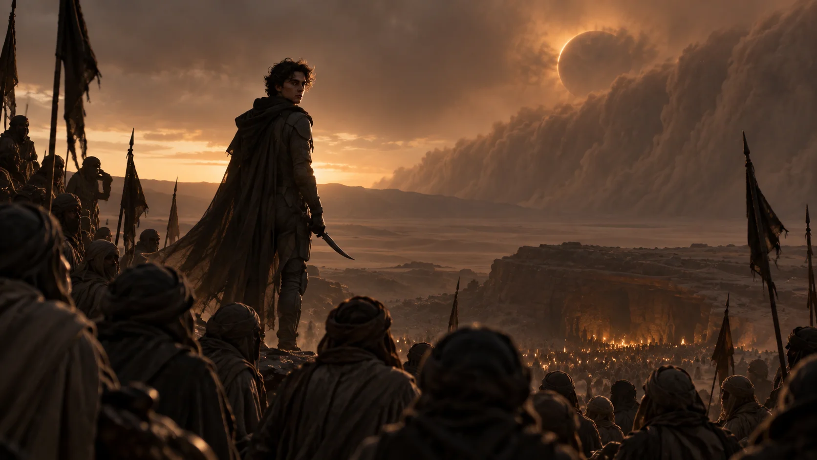 Cloaked warrior stands atop a ridge holding a blade, commanding a vast torch-lit army beneath a stormy eclipse-darkened desert sky.