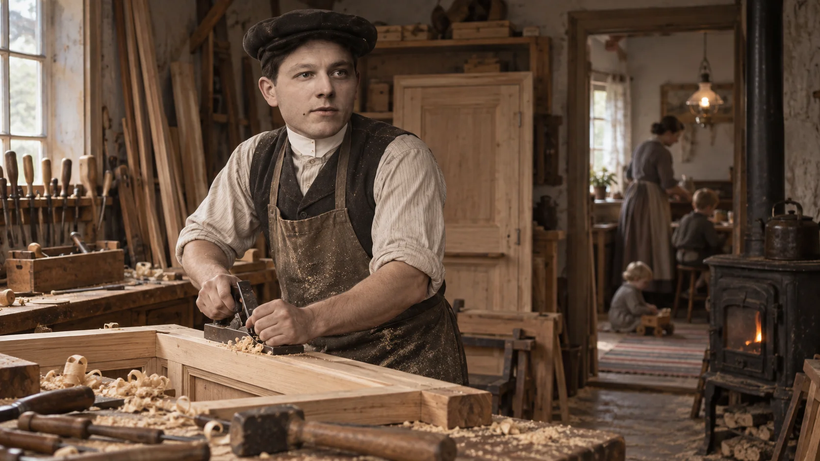 Period-dressed craftsman planes wood in a warmly lit, tool-lined workshop while a woman and child occupy the background near a glowing cast-iron stove.