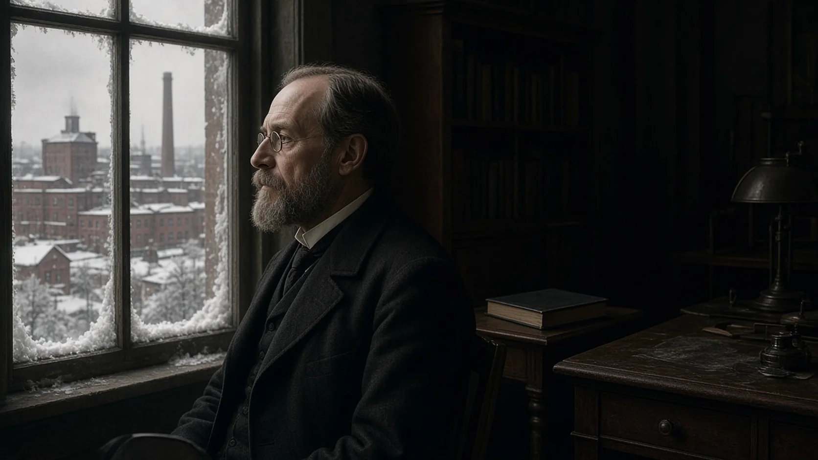 Bearded man in wire-rimmed glasses gazes from a dark study toward a frost-edged window overlooking a snow-covered industrial cityscape.
