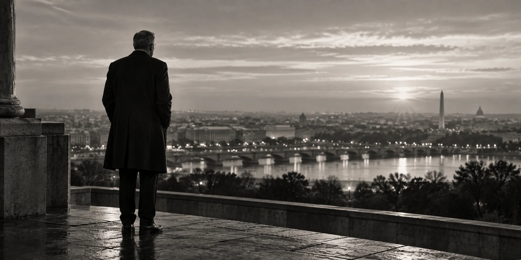 Lone suited figure stands on a stone terrace overlooking Washington D.C. at dawn, the Washington Monument visible through misty sepia light.