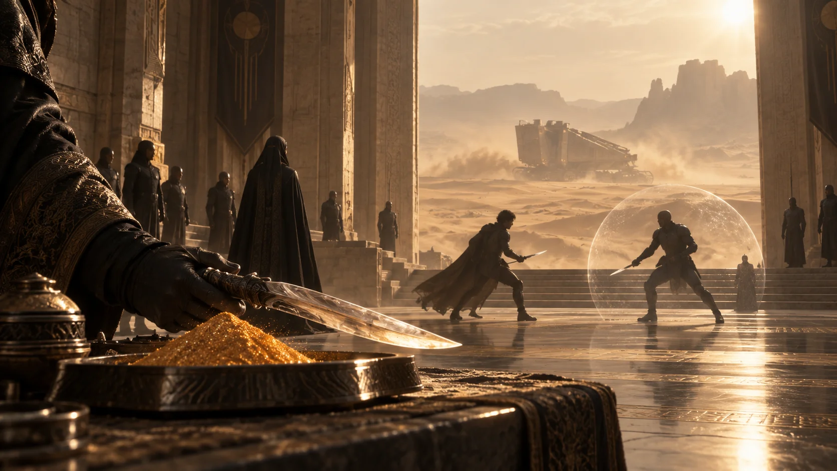 Two robed figures duel with blades on a grand stone plaza before a vast desert, watched by cloaked figures, as golden spice gleams in the foreground.