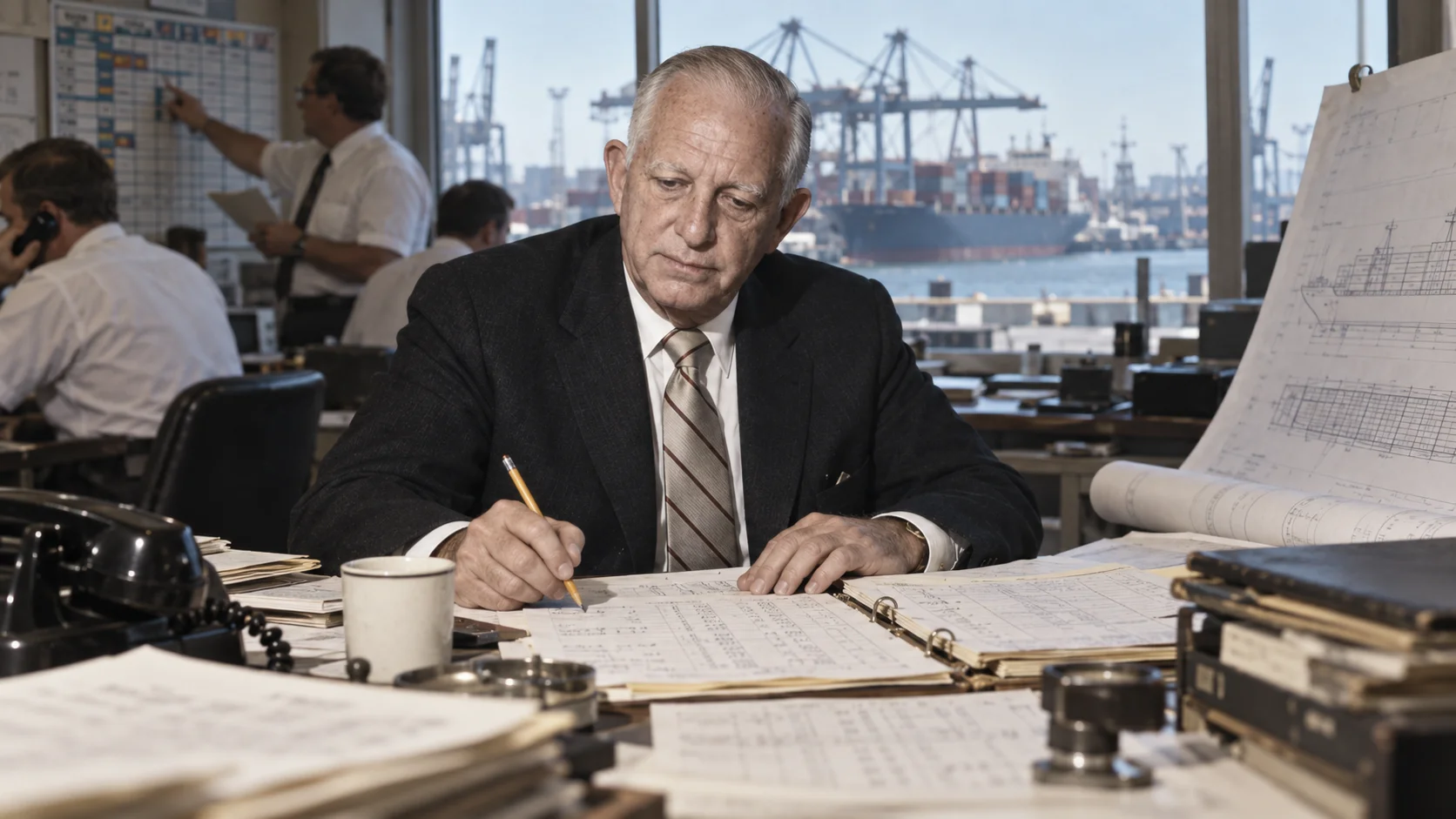 Focused older man in a suit writes at a paper-strewn desk, a half-full coffee cup beside him, as cargo ships and cranes fill the window behind.
