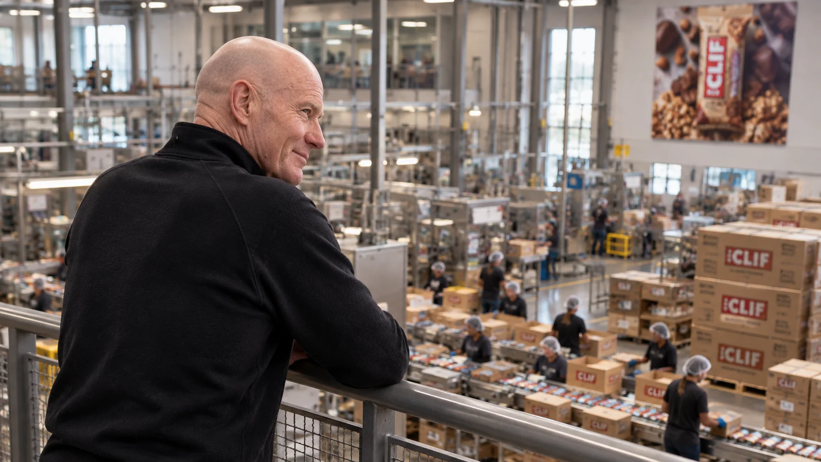 Bald man in black fleece leans on a mezzanine railing, smiling as he surveys a busy Clif Bar factory floor below.