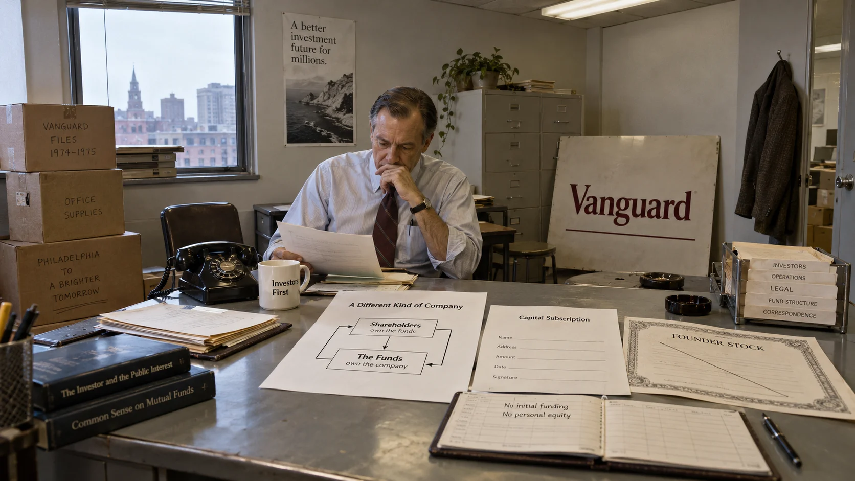 Man in shirt and tie studies documents at a cluttered desk bearing Vanguard signage, founder stock forms, and a "Shareholders own the funds" diagram.