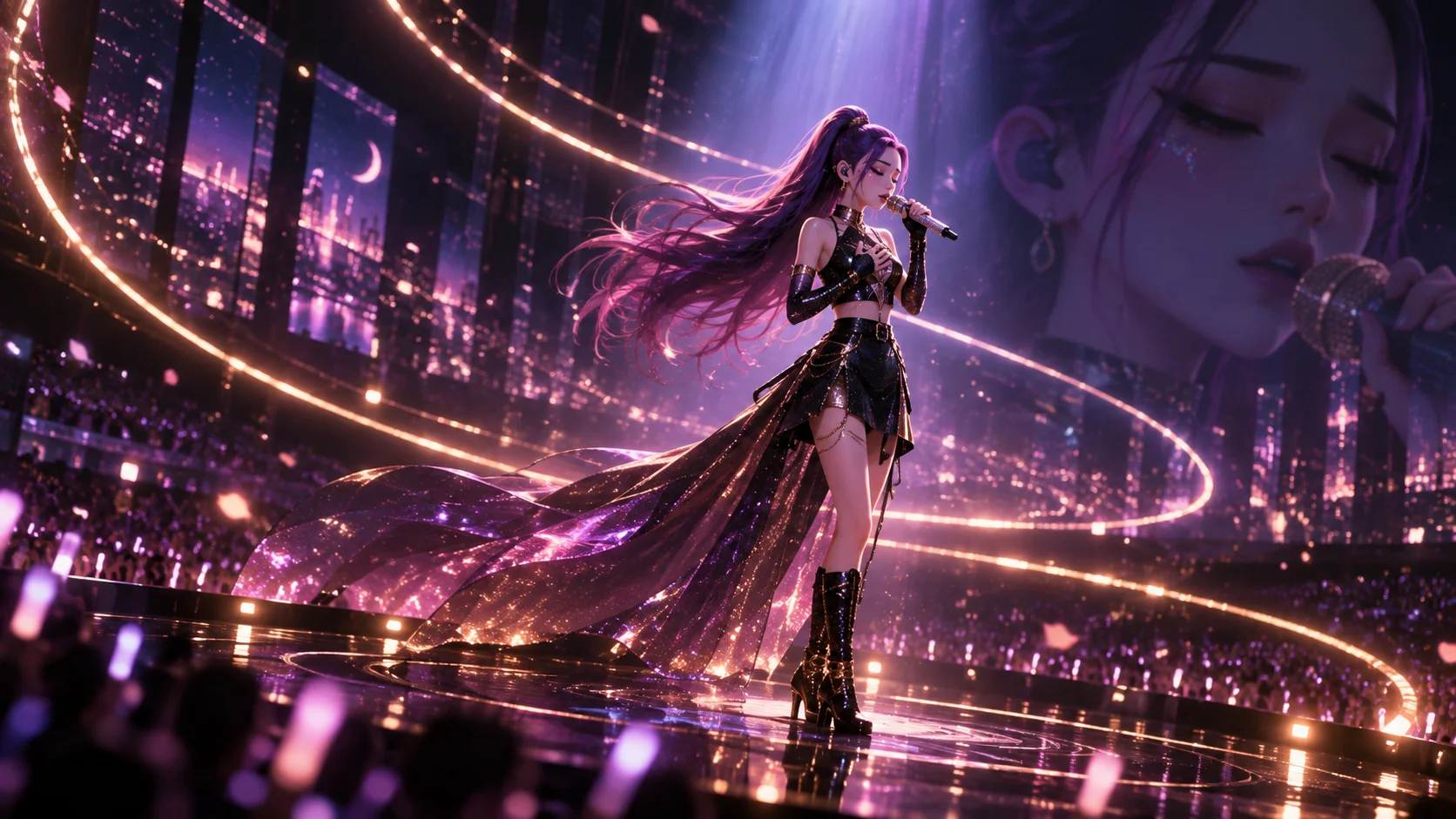 Anime-style digital art of a purple-haired singer performing on a glowing stadium stage, her flowing gown trailing amid swirling golden light rings and a vast c