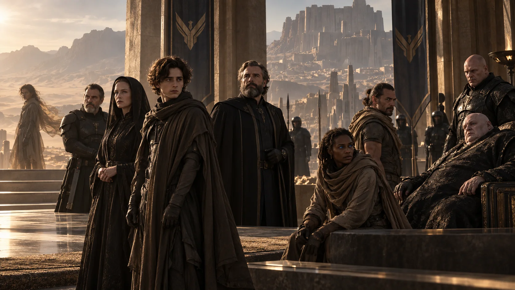 Robed figures in dark medieval-style costumes stand on a grand stone terrace before a desert fortress landscape bathed in golden light.