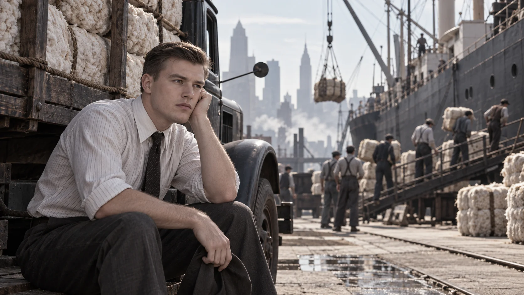 Young man in shirt and tie sits pensively at a 1940s dock beside a cargo truck, with workers loading bales onto a freighter and a hazy city skyline behind him.